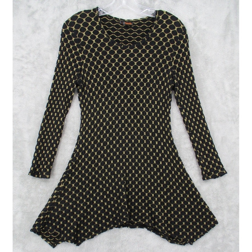 Tianello Top Women Size Small Geometric Textured Tunic Stretch Knit Peplum Black